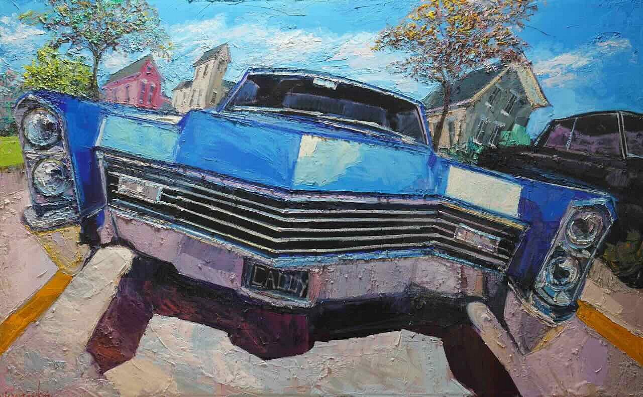 Cars are an unrestrained expression of American wealth, and an unrestrained expression of psychological willfulness…they represent our culture of great wealth, aspiration, and a time of us coming to terms with dealing with psychological immaturities. The notion that a possession of ours could represent us, could establish us, could make a permanent notion that we have of ourselves.
-James Michalopoulos
Michalopoulos tends to select as subjects American mid-century classic cars, in flashy colors like yellow, red, and powder blue. He often paints them at a dynamic angle, emphasizing the assertiveness of their design. These are stand-ins for the assumed attitudes of their owners – confident consumers of American style, with a little bit of the showman, believing that we are what we drive.
-Caroline Kerrigan, Curator